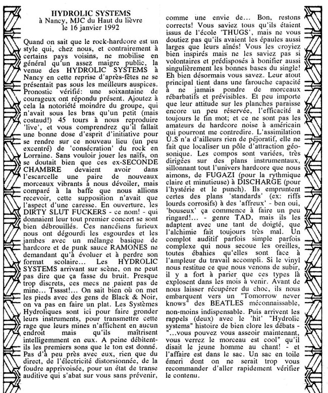 Live Report Hyacinth Hydrolic Systems 1992